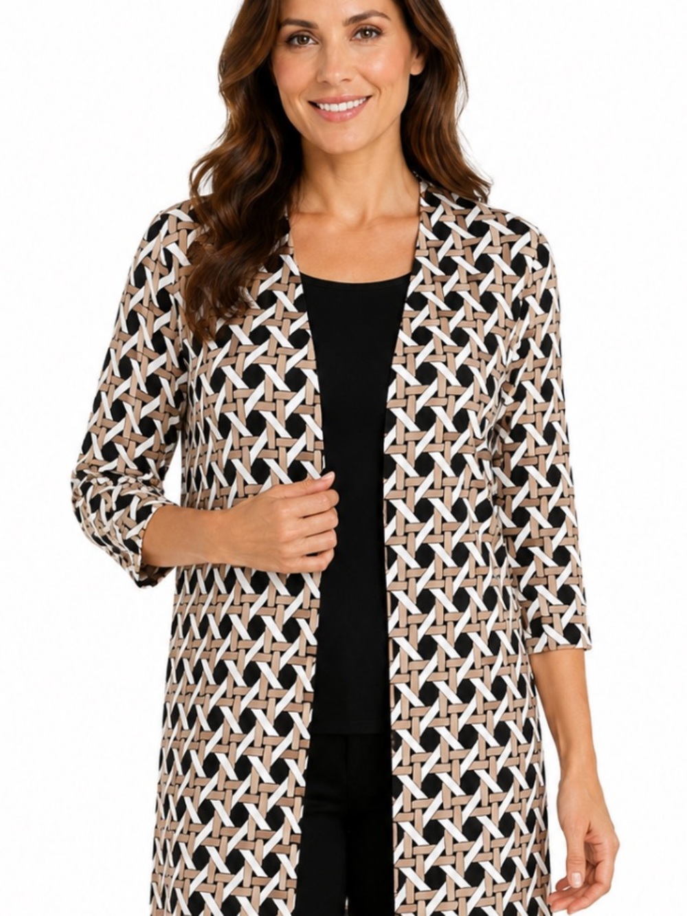 PERCEPTIONS Black Overlay Geometric Patterned Cardigan Pullover Dress NWOT